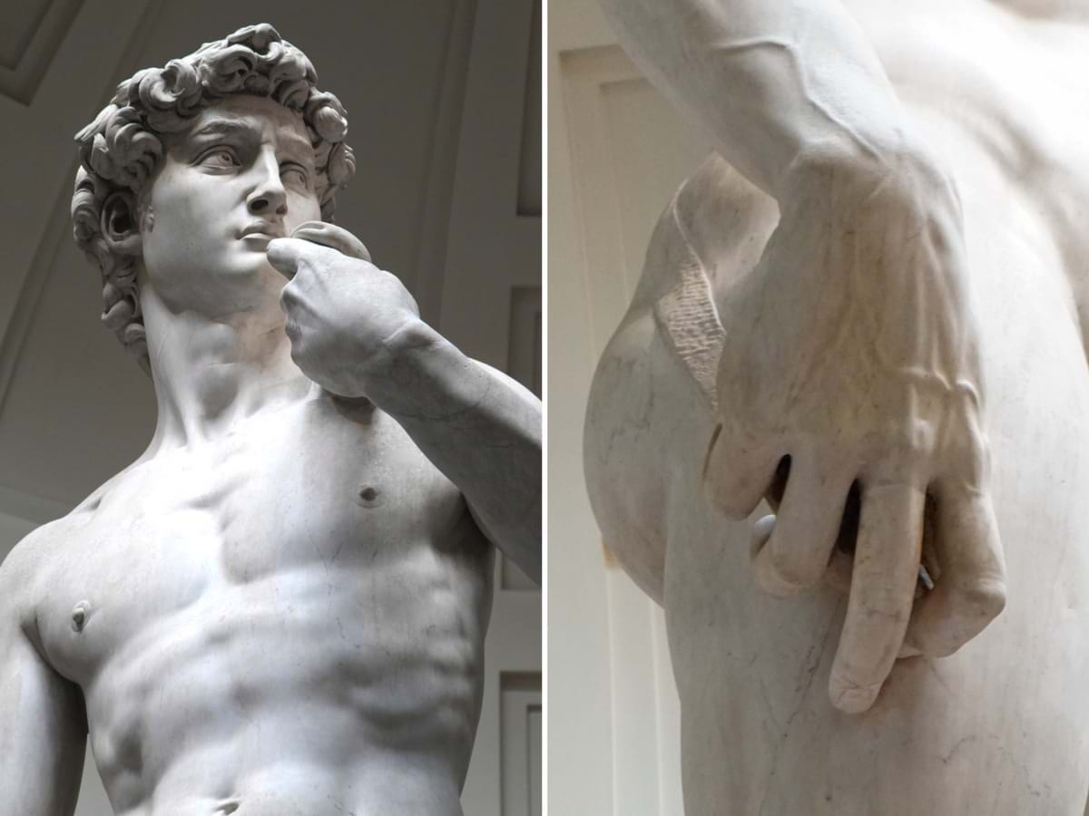 Collage of Michelangelo's Statue of David and his squint and Large hands