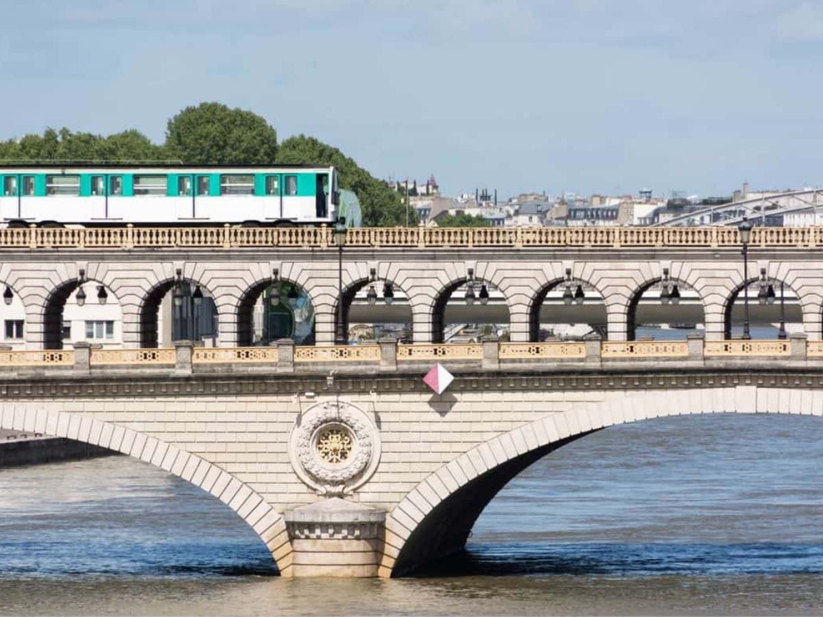 RER train crossing bridge in Paris