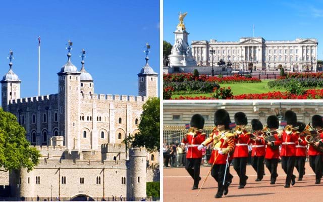 Tower of London seen by the Thames River, Buckingham Palace facade and the Changing of the Guard