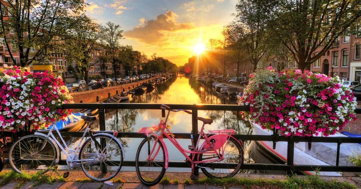 Spring sunrise in Amsterdam, The Netherlands, overlooking one of its famous canals