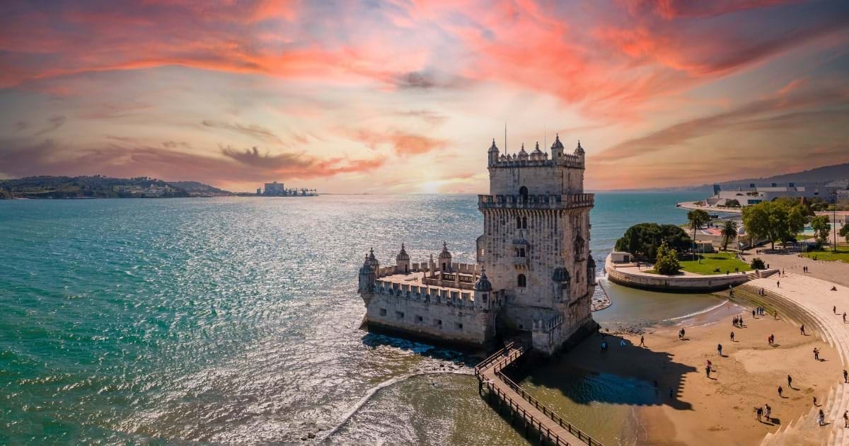 Aerial view of Tower of Belem at sunset, Lisbon, Portugal on the Tagus River